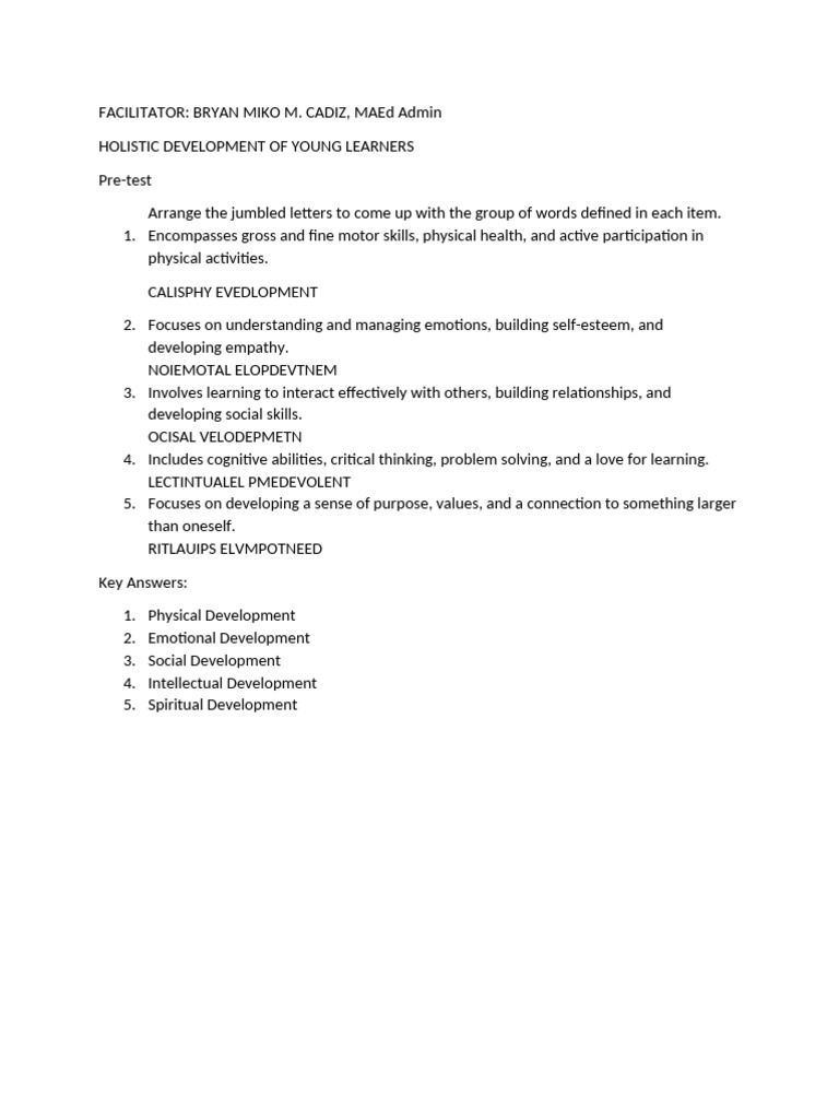 Pre-Test Holistic Development Miko | PDF