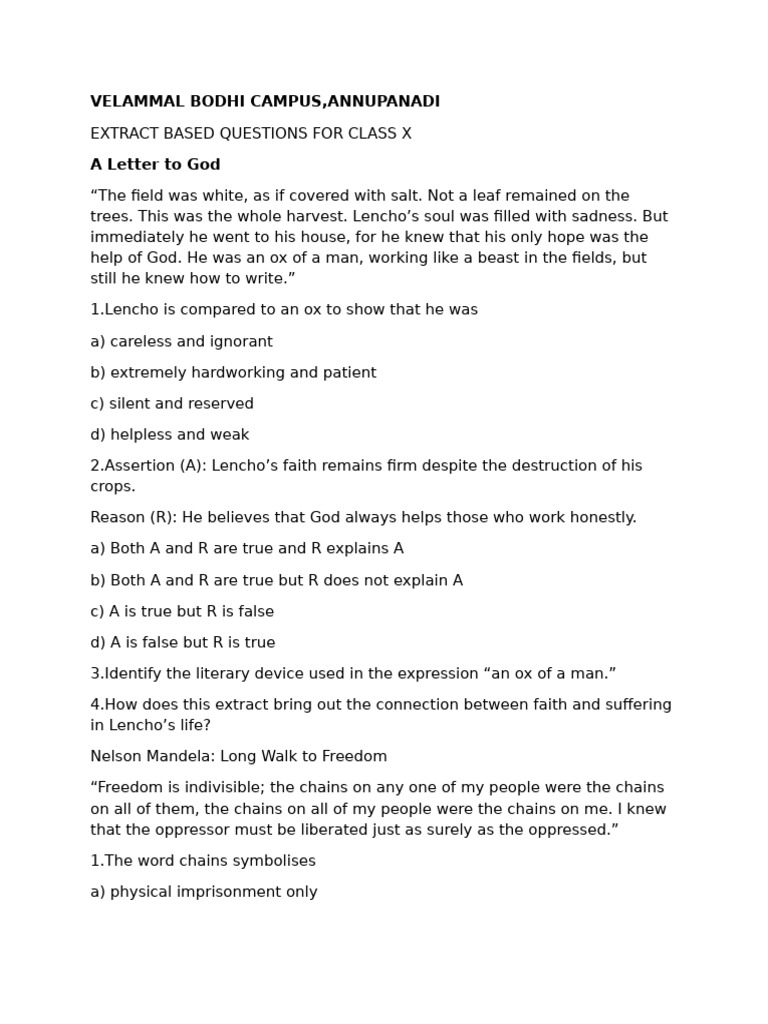 Extract Based Questions For X Board Practice | PDF | Reason | Courage