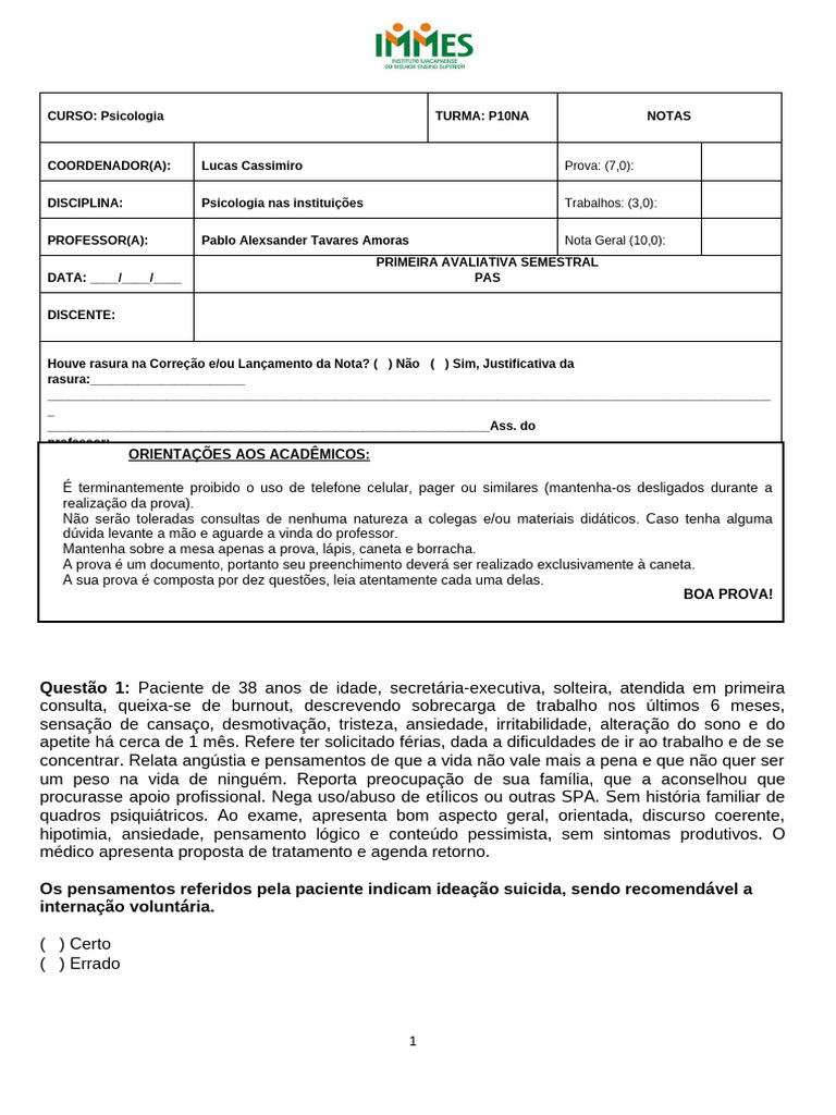 Matriz PAS - Psi Nas Inst de Saúde | PDF | Saúde mental