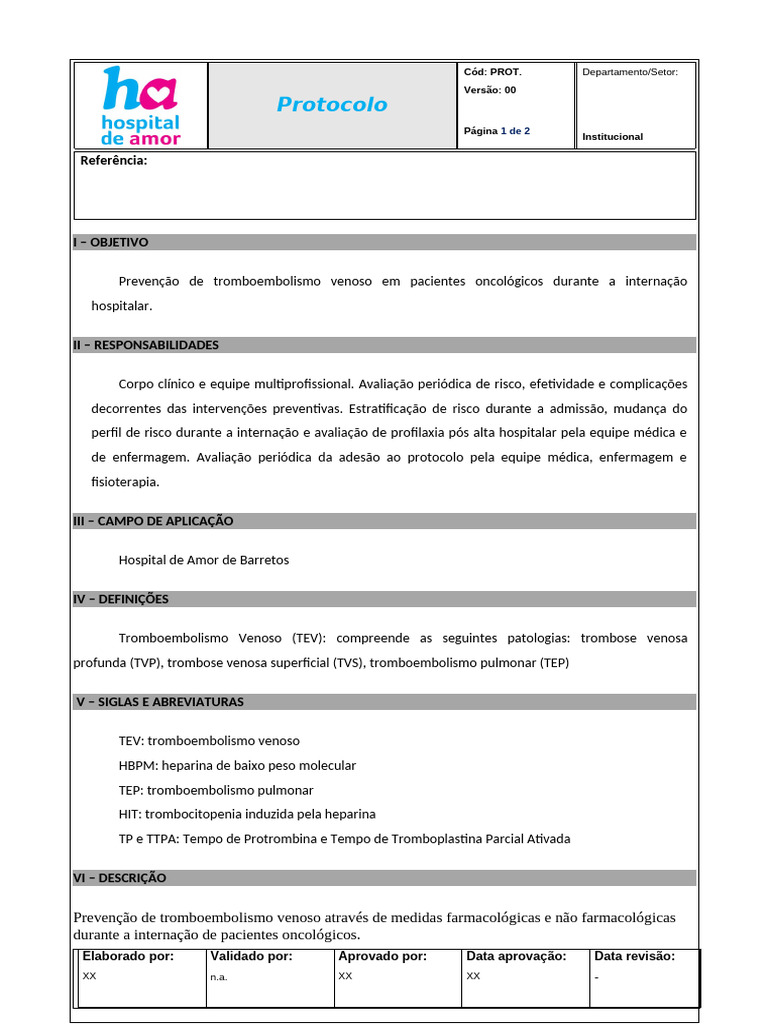 Protocolo de TEV atualizado folha inicial 2018 | PDF | Sangue | Doenças ...