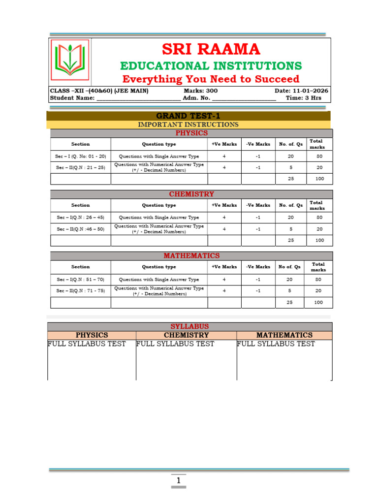 11-01-2026 - Grand Test-1 (Full Syllabus Test) - QP - Final | PDF ...