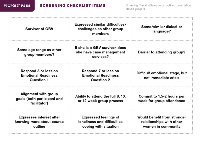 Women Rise Screening Checklist Items | PDF