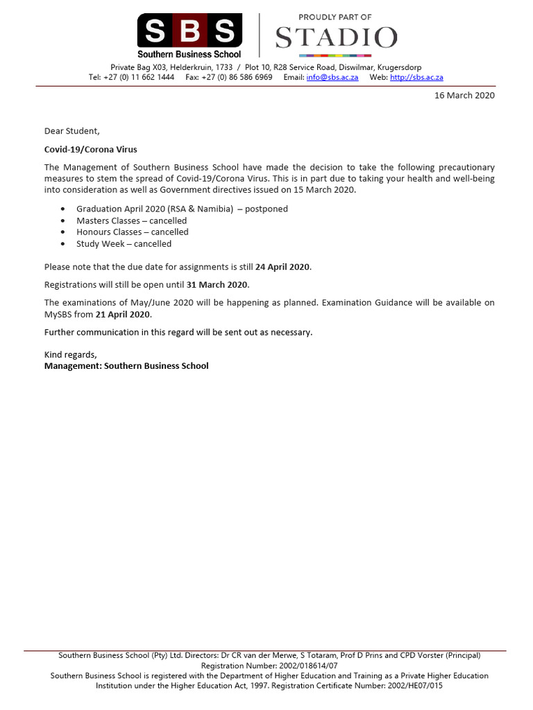 SBS Management Covid 19 Letter | PDF