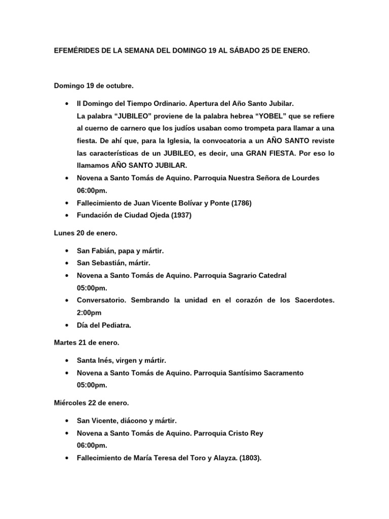 Efemérides de La Semana Del Domingo 19 Al Sábado 25 de Enero | PDF