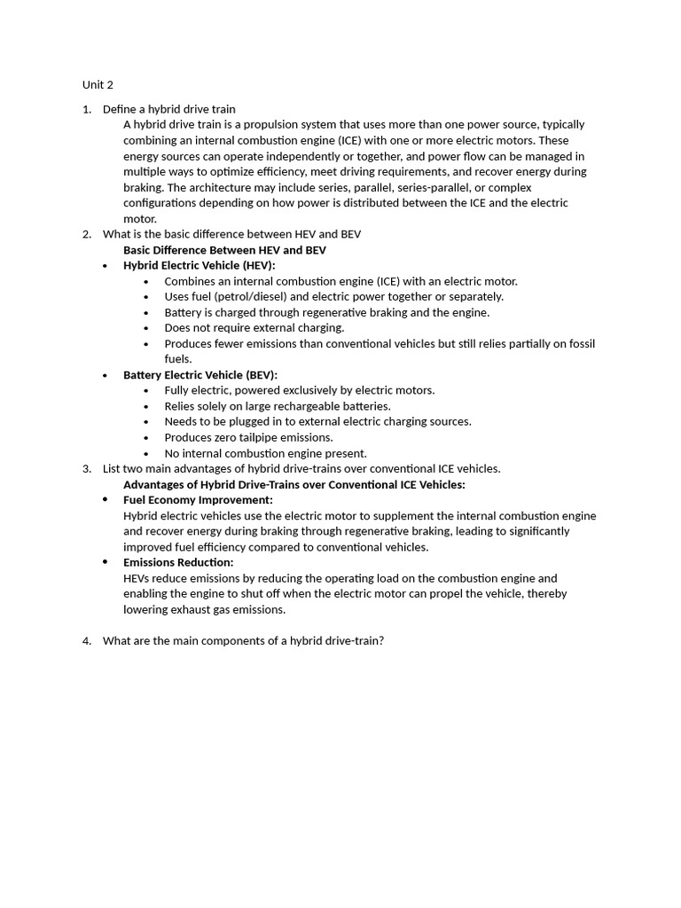 Unit 2 Q&A | PDF | Hybrid Vehicle | Electric Vehicle
