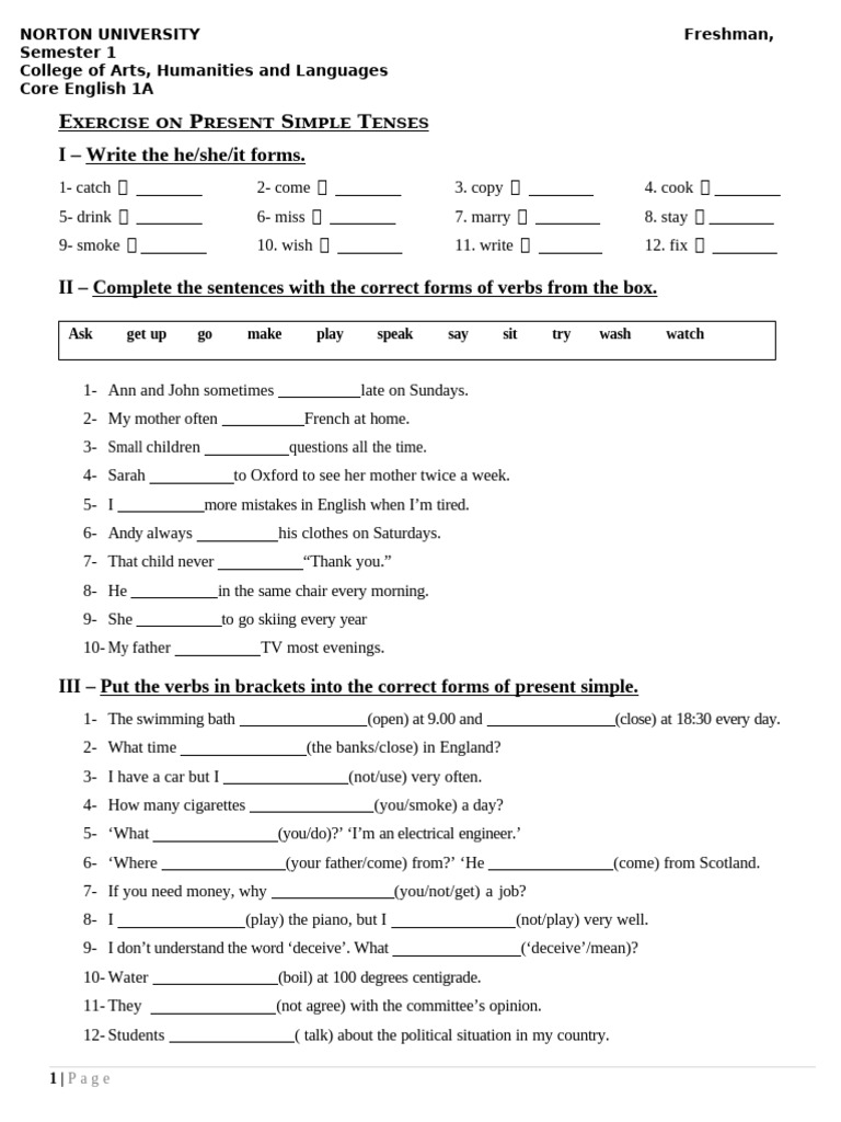 Exercise On Present Simple Tenses | PDF | Linguistic Morphology ...