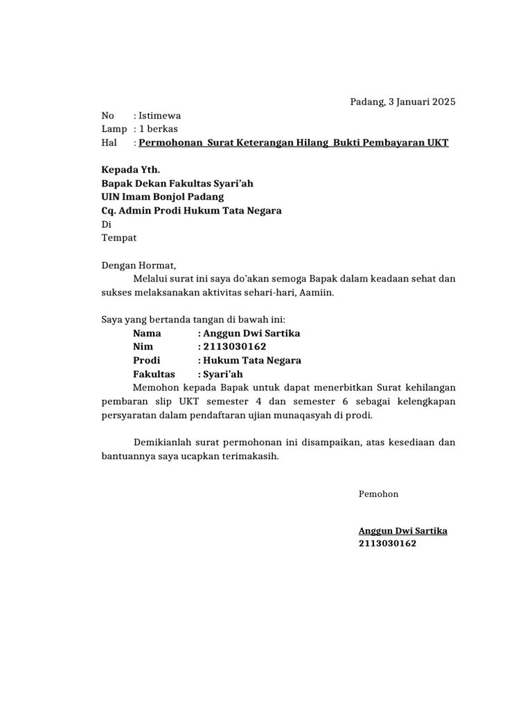 Surat Permohonan Hilang Slip UKT Anggun | PDF