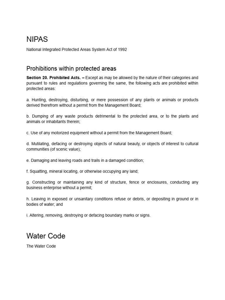 National Integrated Protected Areas System Act of 1992 and Water Code ...