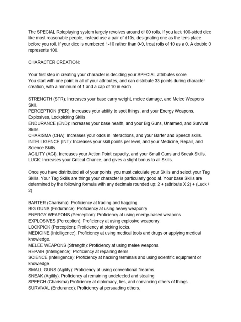Fallout - SPECIAL Roleplaying System Core Rule Document | PDF ...