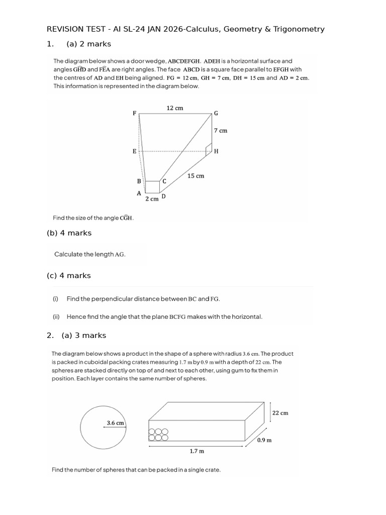 Revision Test-Ai SL - Calculus, Geometry & Trig | PDF