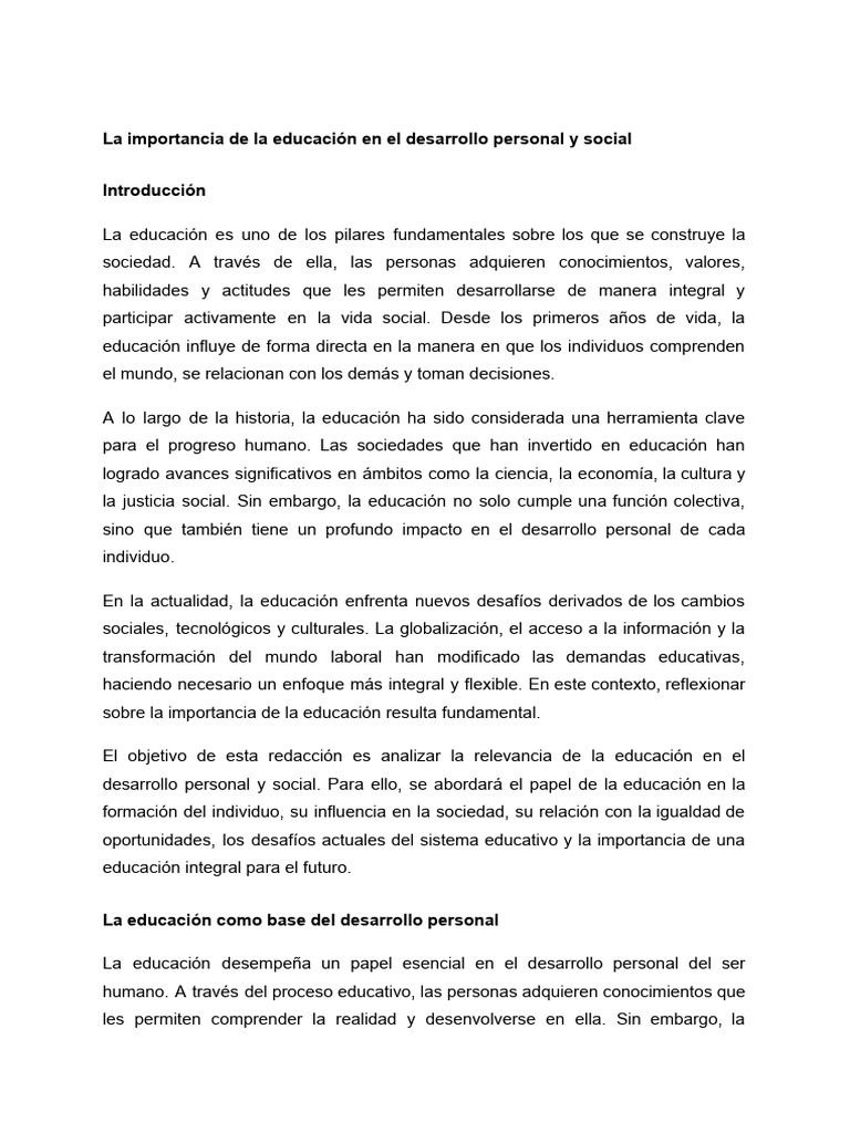 La Importancia de La Educación en El Desarrollo Personal y Social | PDF ...