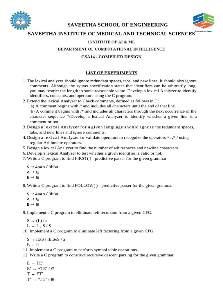 CSA14 - Compiler Design - List of Experiments | PDF | Parsing ...