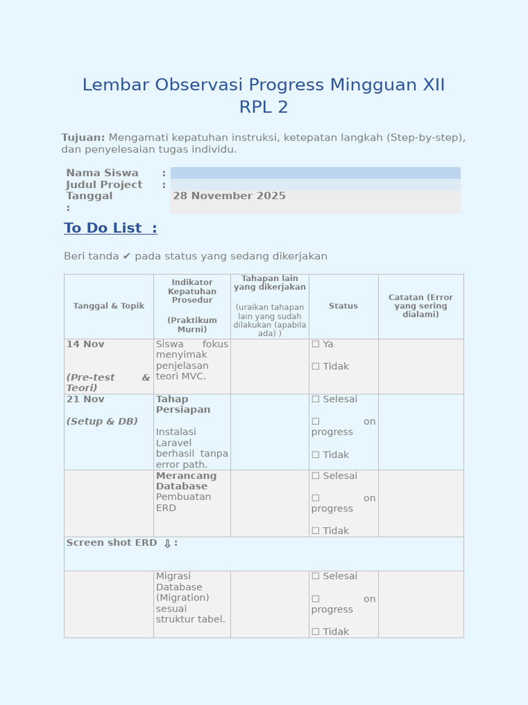 2lembar Observasi Progress Mingguan XII RPL 2 | PDF