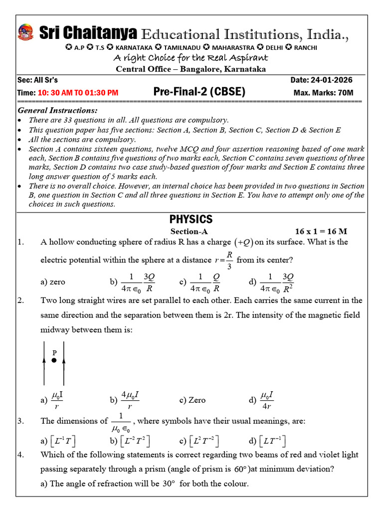 24-01-2026 All Sr's Pre-Final-2 PHY CBSE Board Q.paper | PDF | Diode ...