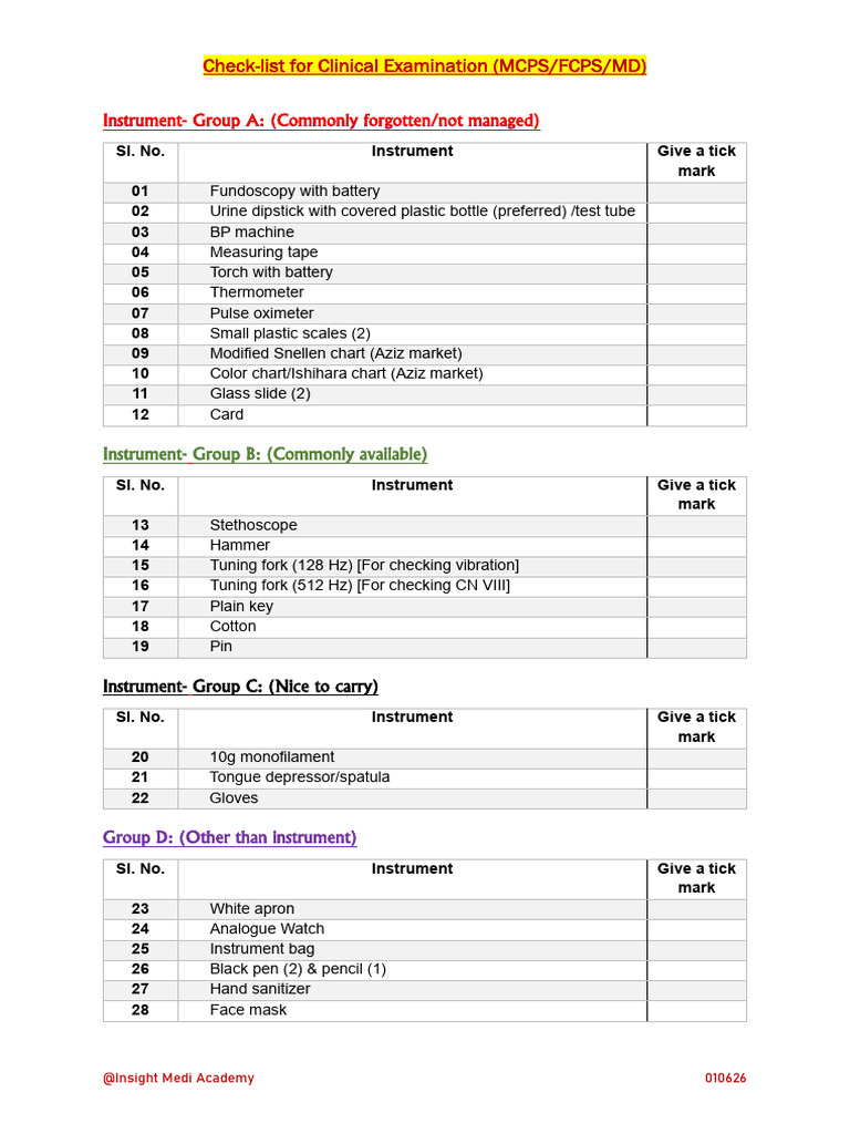 Check-List For Clinical Exam | PDF
