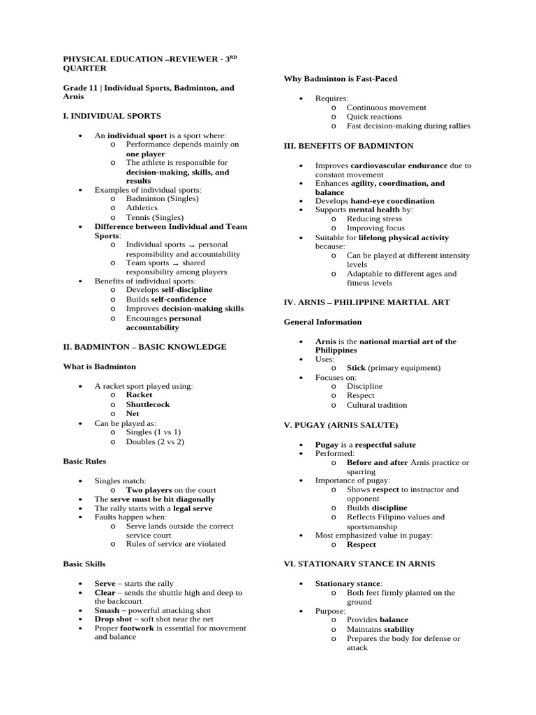 Pe Individual Sports Reviewer | PDF | Sports