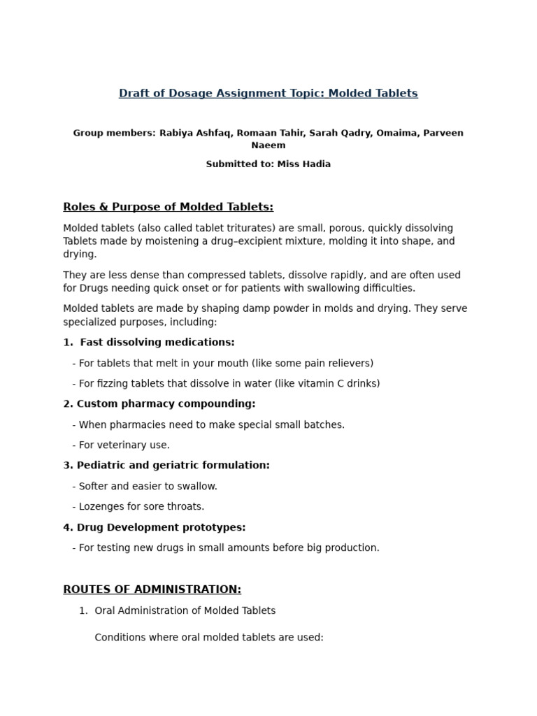 Roles and Purposes of Molded Tablets | PDF | Tablet (Pharmacy) | Pharmacy