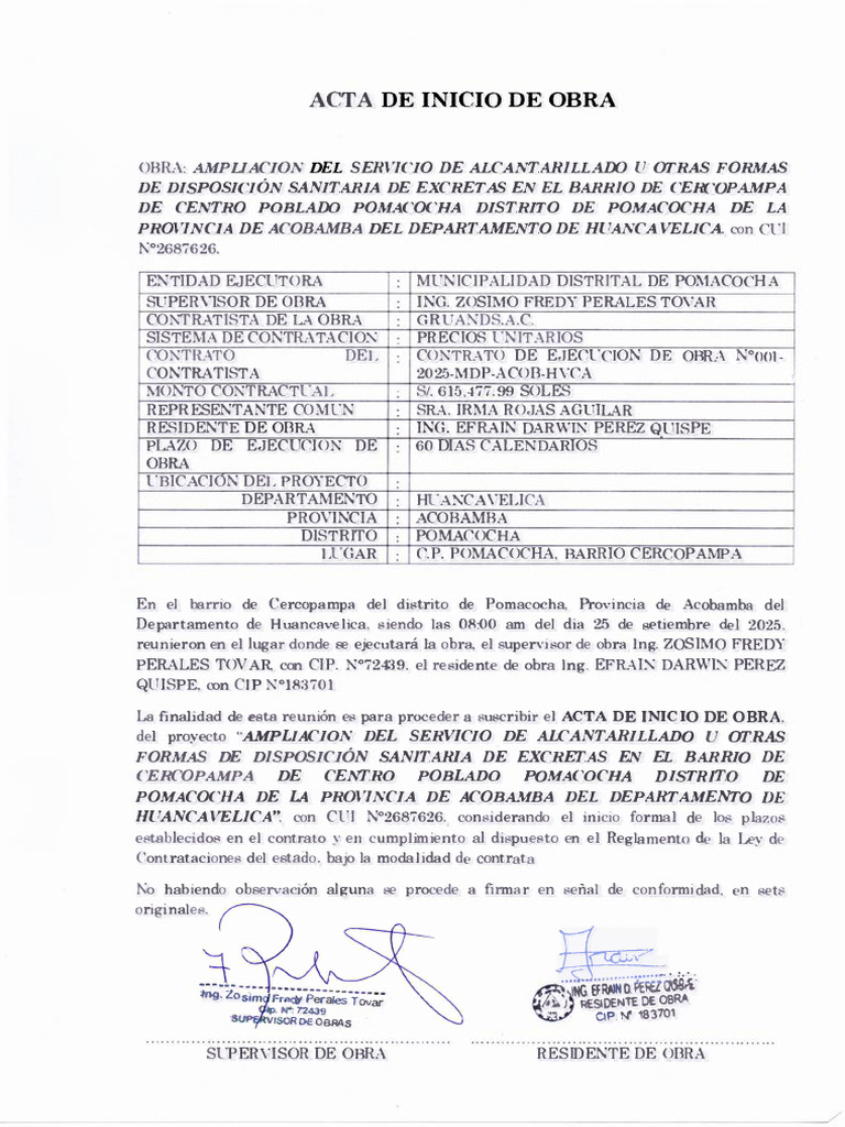 Acta de Inicio de Obra | PDF