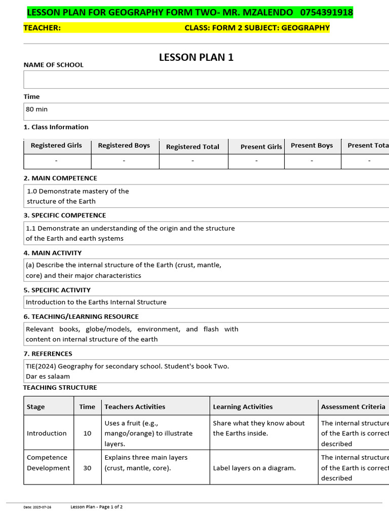 Lesson Plan - Geography f2-2026 Mr. Mzalendo - Sample | PDF | Lesson ...