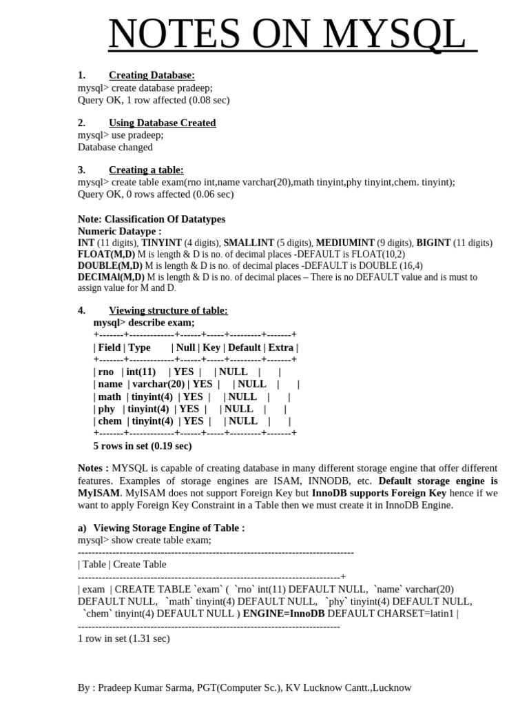 Mysql Commands Notes (2) | PDF | Table (Database) | Databases