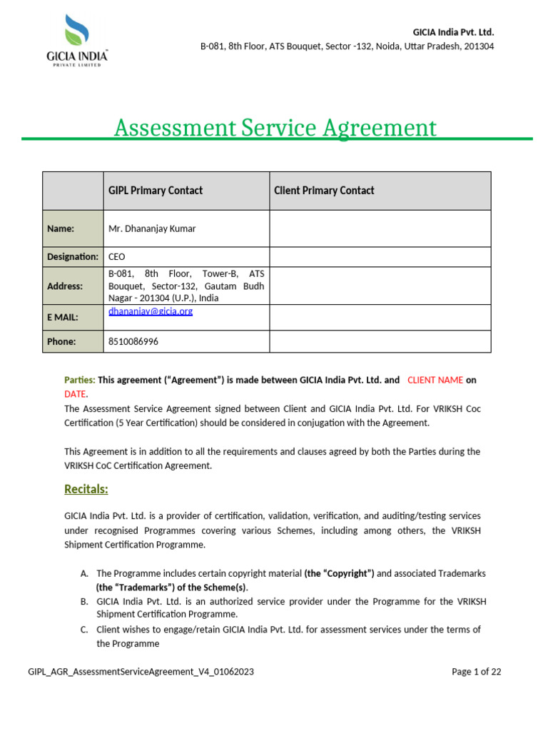 GIPL AGR AssessmentServiceAgreement Template V4 VSC 01062023 | PDF ...