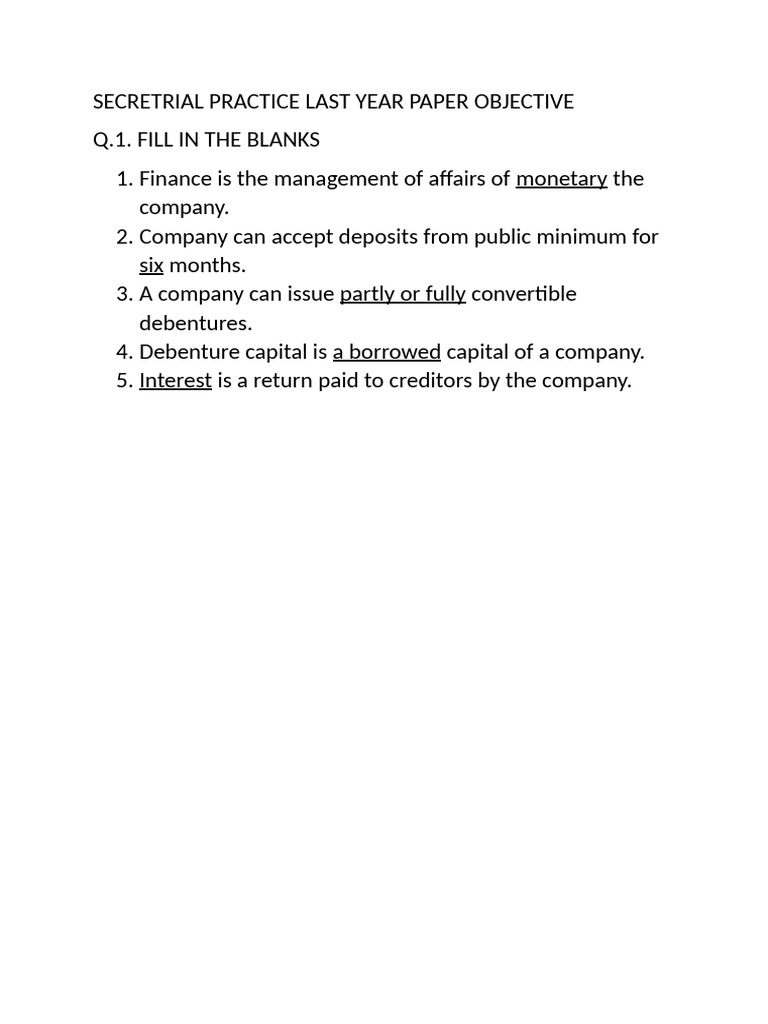 Secretrial Practice Last Year Paper Objective | PDF