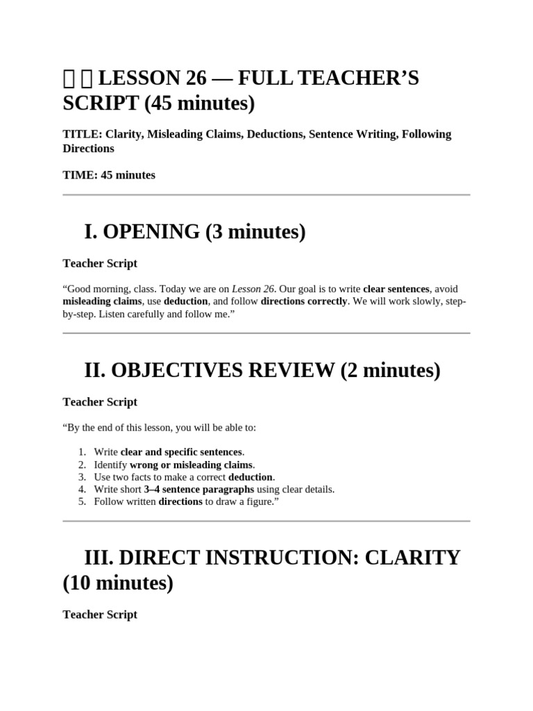 Full Teacher's Script (45 Minutes) Lesson 26 | PDF | Argument ...