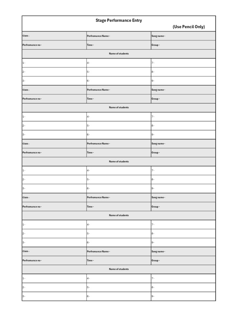 Stage Performance Entry (Use Pencil Only) : Class | PDF
