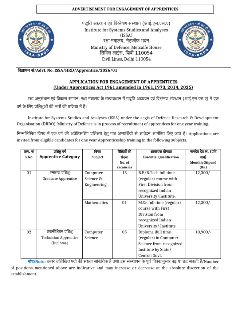 DRDO ISSA Apprentice Recruitment 2026 Notification Form | PDF