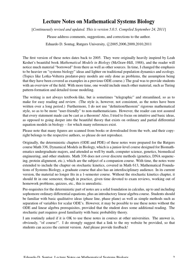 Lecture Notes On Mathematical Systems Biology | PDF | Stability Theory ...