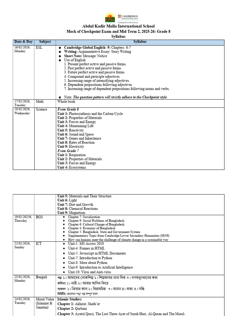 Syllabus Focus - Grade 8 - Mid Term 2 - 2025-26 | PDF | Adjective ...
