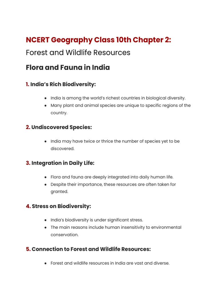 NCERT Geography Class 10th Chapter 1 Forest and Wildlife Resources Noes ...