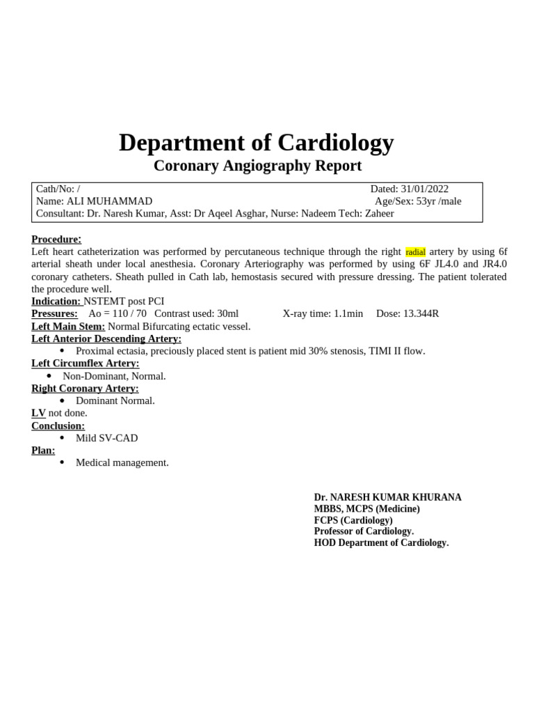 (Ali M. ) Normal Angio Graphy Report - Copy | PDF