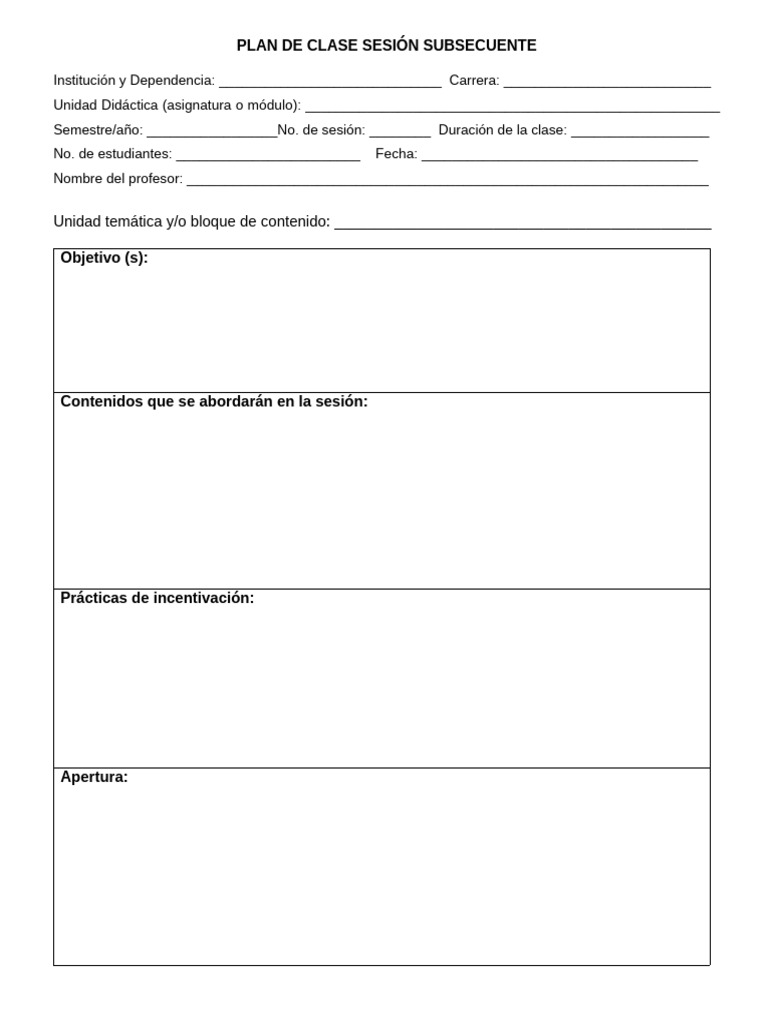 Formato de Plan de Clase Sesion Subsecuente | PDF
