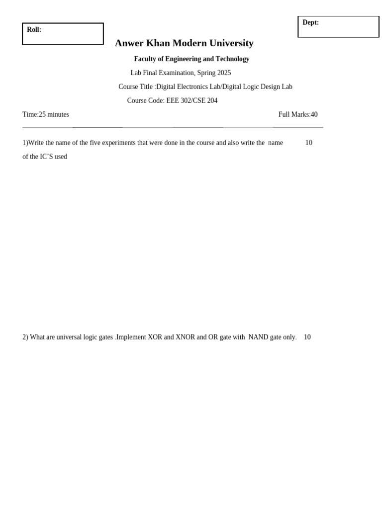 DLD LAB Quiz Question | PDF