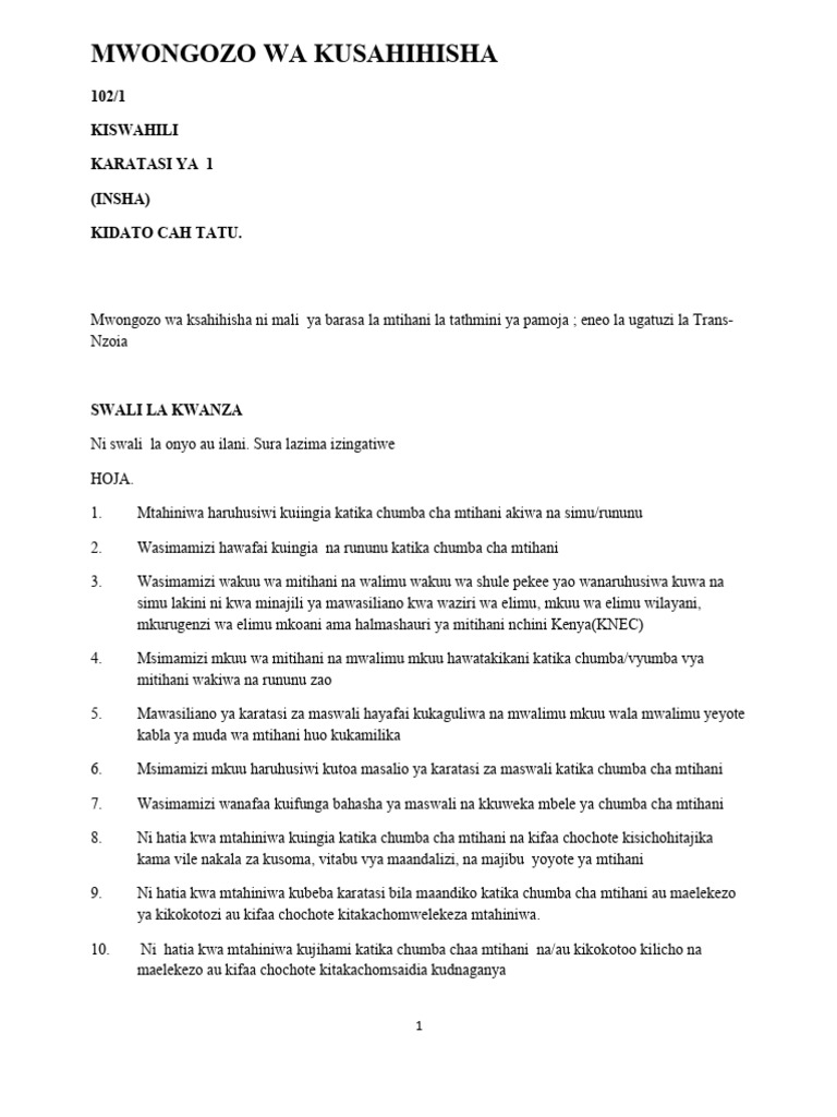 Kiswahili Paper 1 Marking Scheme Form 3 | PDF