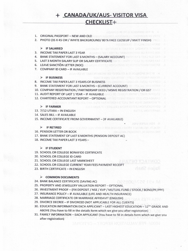 Visitor Visa Check List | PDF