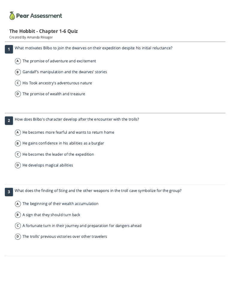 The Hobbit - Chapter 1-6 Quiz PDF | PDF | Bilbo Baggins | Middle Earth ...