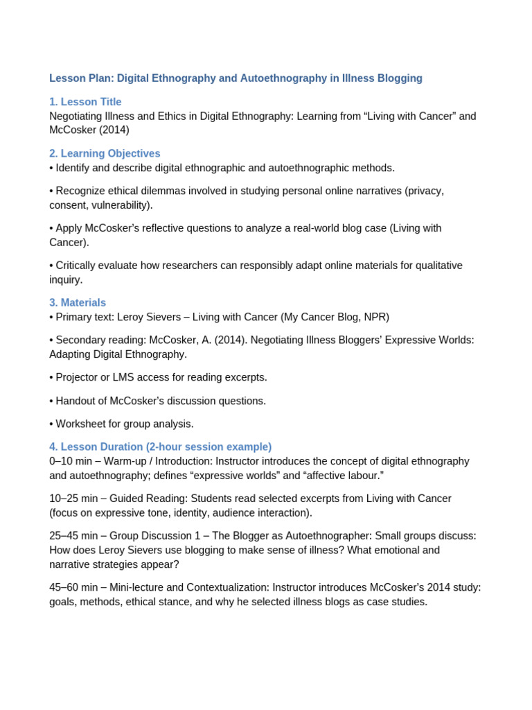 Lesson Plan Digital Ethnography and Autoethnography | PDF | Ethnography ...