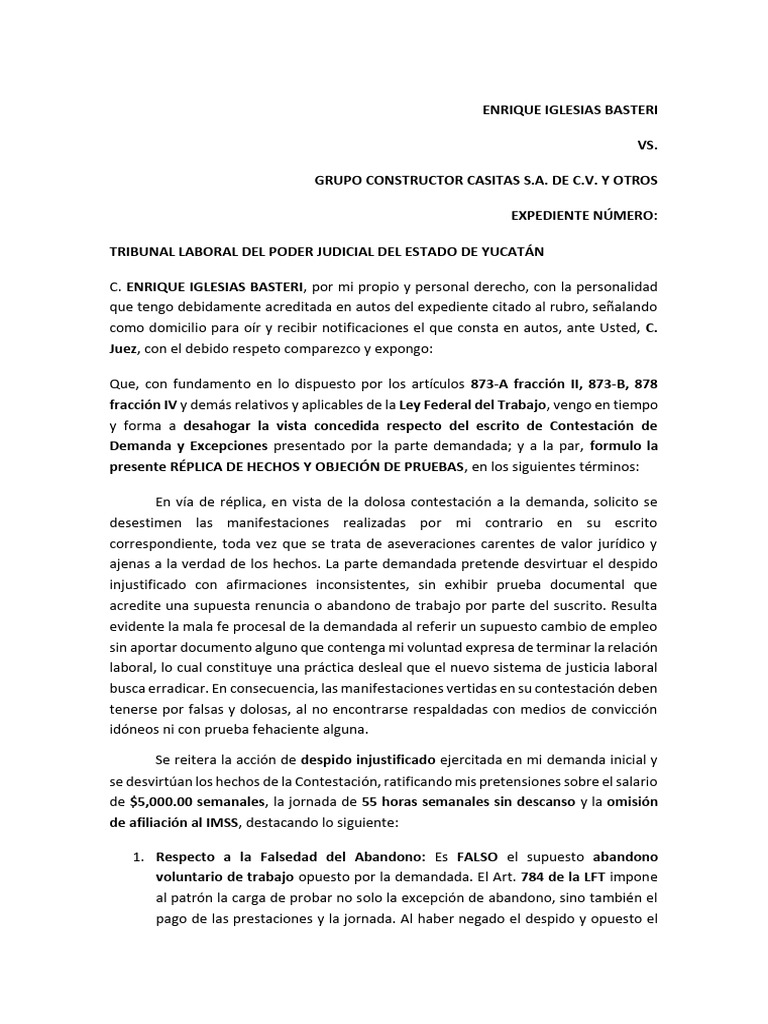 Réplica A Contestación de Demanda Parte Actora | PDF | Testigo experto ...