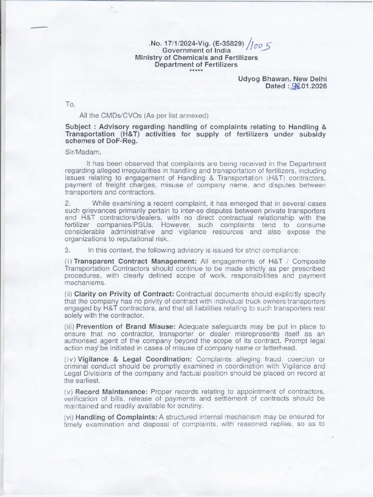 Advisory Letter on Handling and Transportation (HT) of Fertilizers. | PDF
