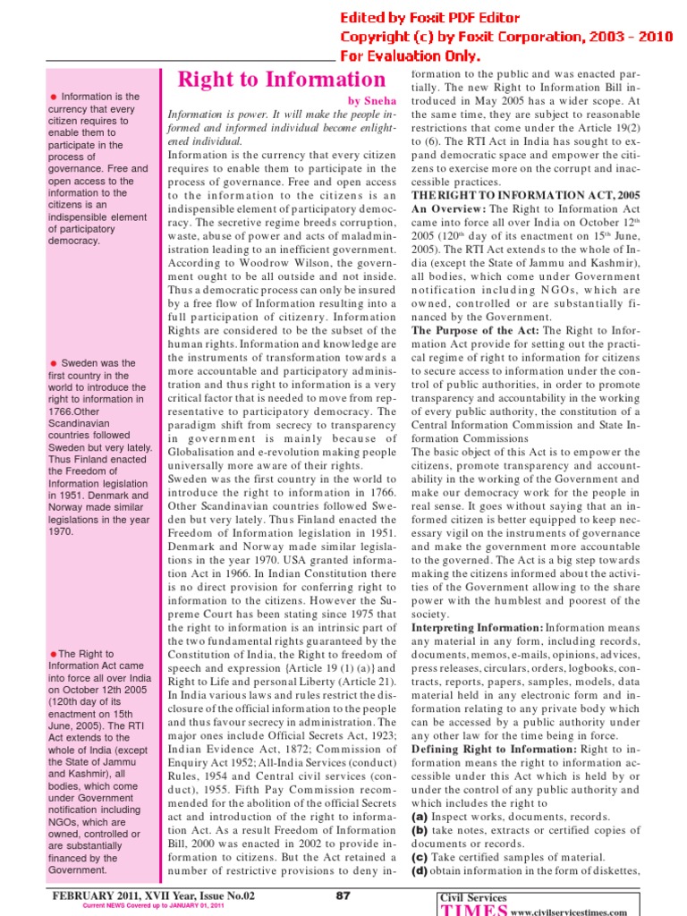 Feb 2011edited | PDF | Freedom Of Information Laws By Country