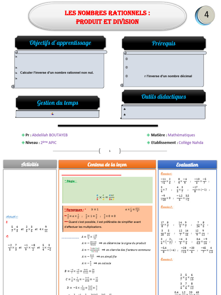 Les Nombres Rationnels Produit Et Division Cours Et Exercices Ma | PDF ...