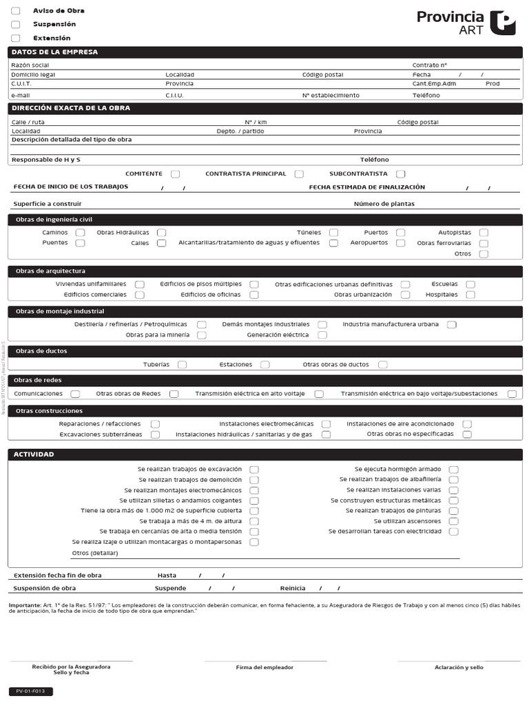 Formulario Provincia Art Aviso Obra | PDF