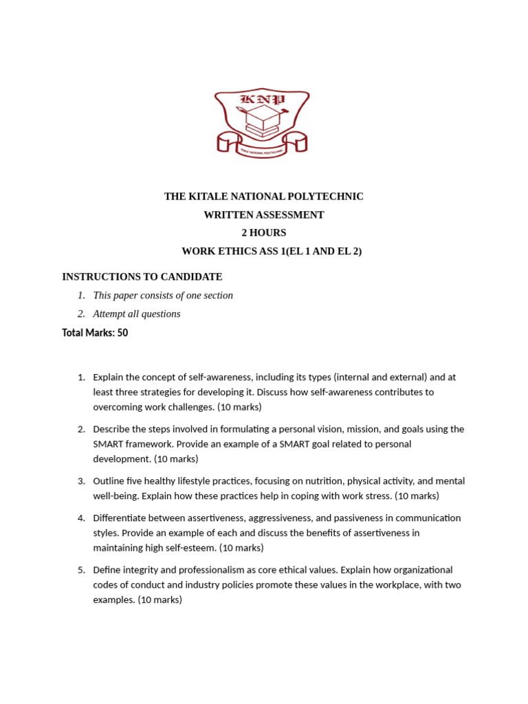 2026 Work Ethics Assessment 1 | PDF