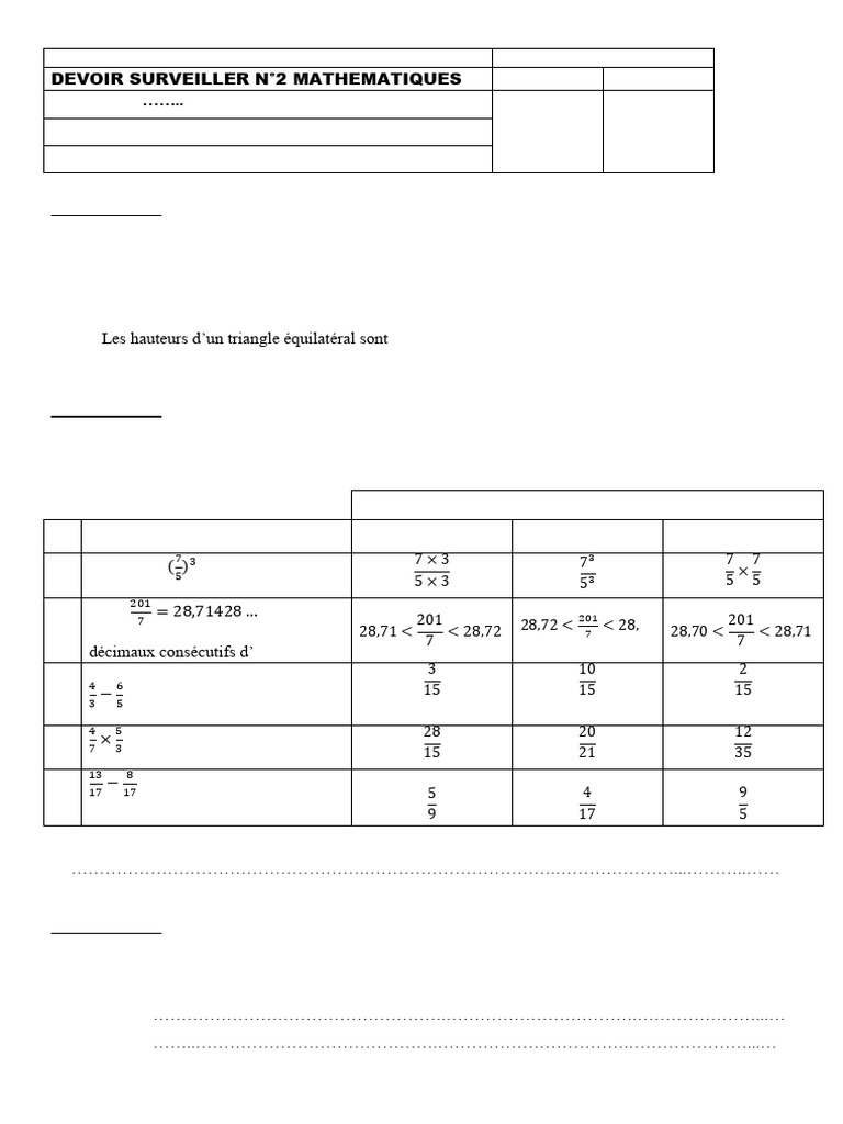 Devoir N°2 5ème 2ème Trim Fractions Triangles | PDF | Triangle ...