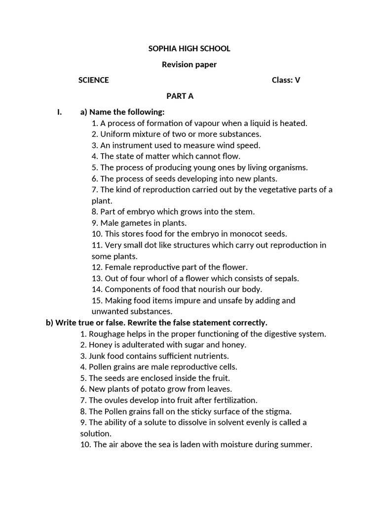 Science STD 5 Revision Paper | PDF | Seed | Flowers