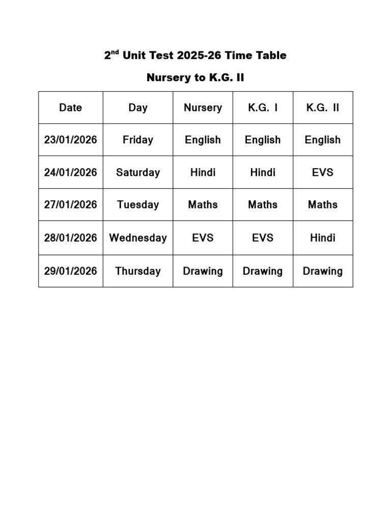 2nd Unit Test 2025-26 Time Table Nursery to K.G. II | PDF