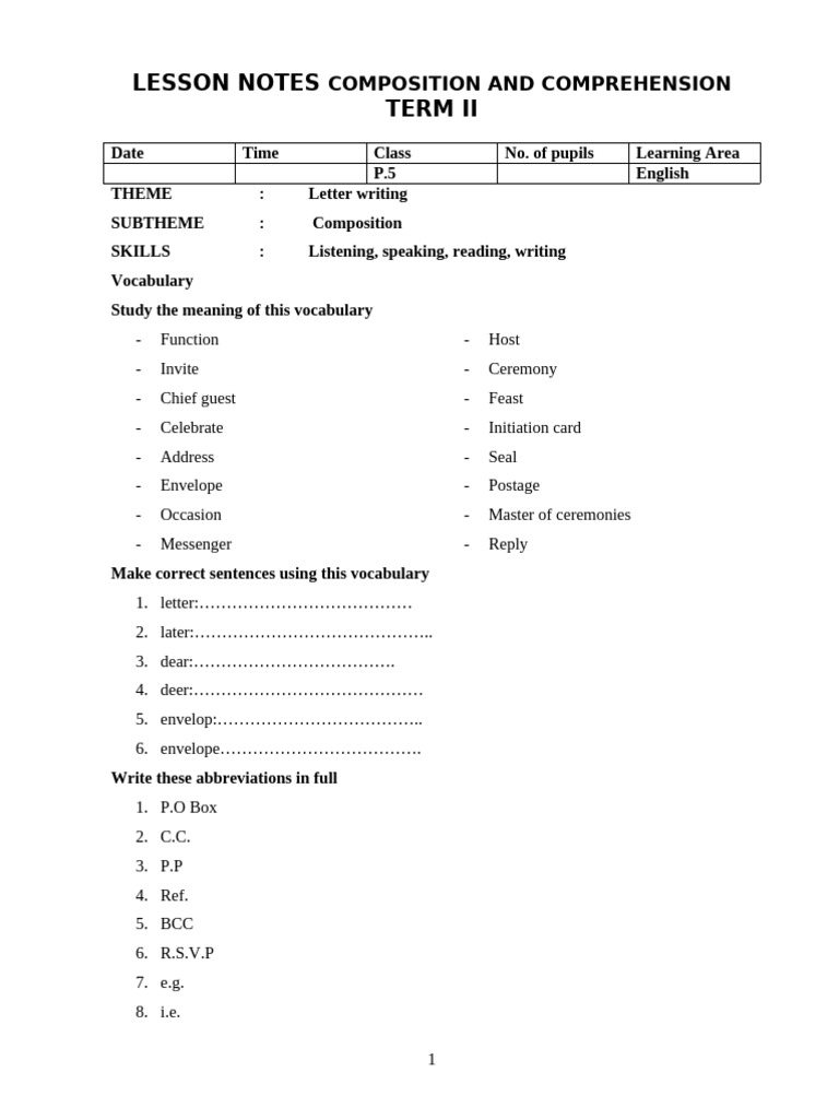 p.5 Compo and Compre Lesson Notes Term 2 | PDF | Telephone | Vocabulary