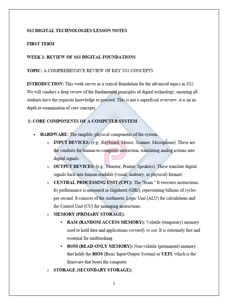 Ss2 Digital Technologies Lesson Notes | PDF | Computer Data Storage ...